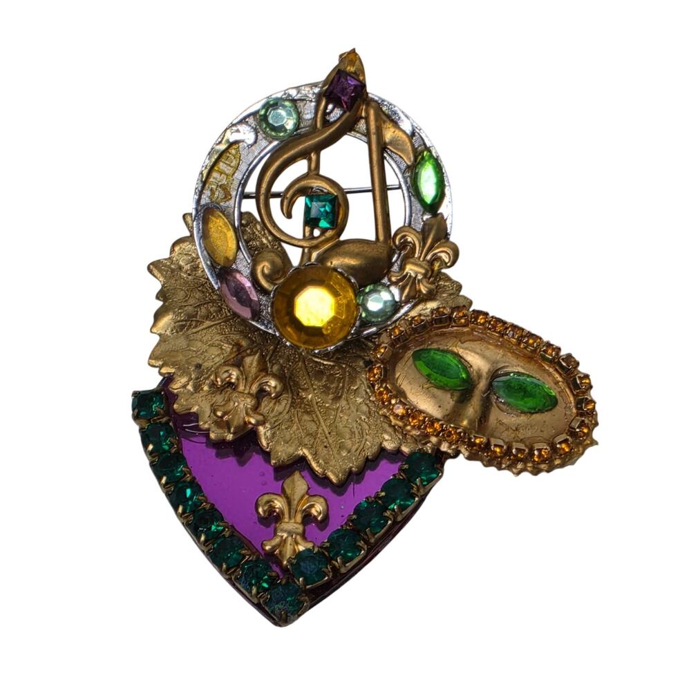 Vintage Mardi Gras Mask Brooch Pin Musical Note 2.75 Inch